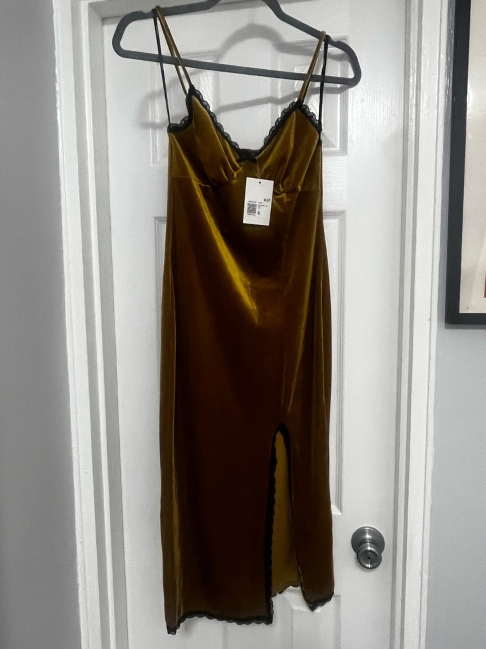Forever 21 Olive Velvet Slip Dress with Black Lace Trim